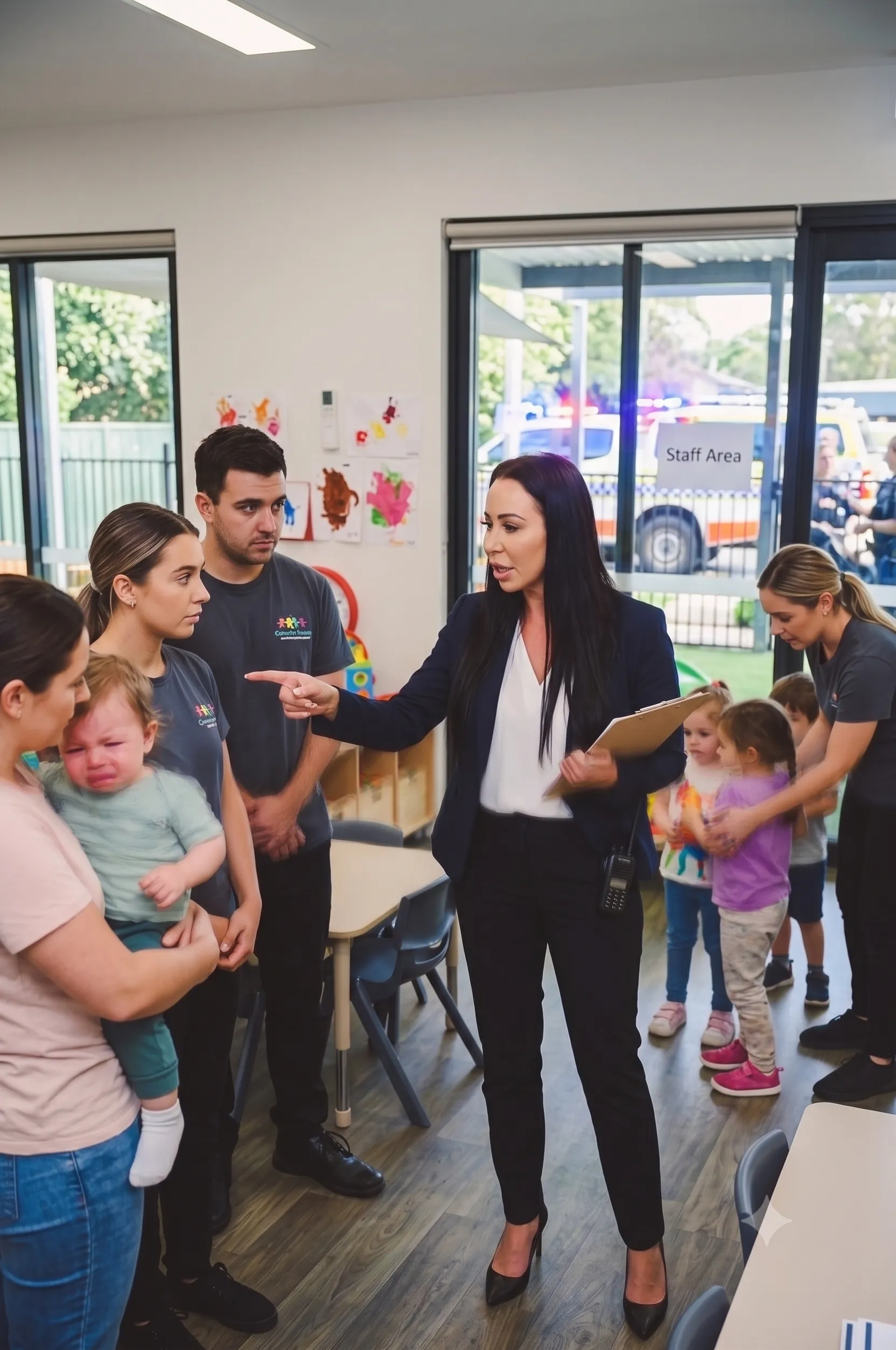 Talisha Long taking command at a childcare service during a serious incident, directing staff and supporting families