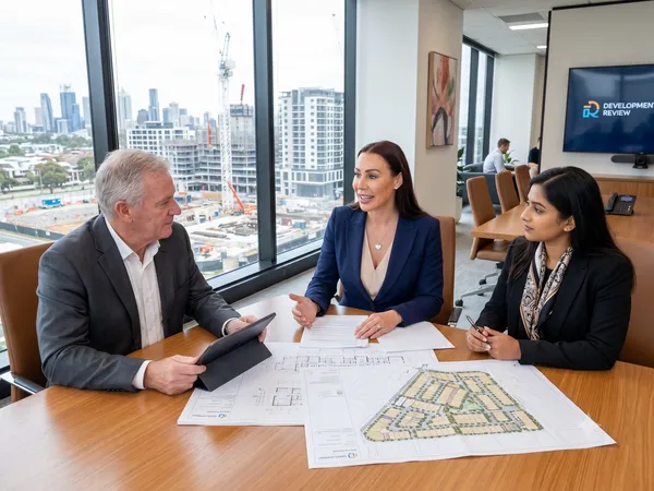 Talisha Long reviewing childcare centre development plans with clients in a boardroom